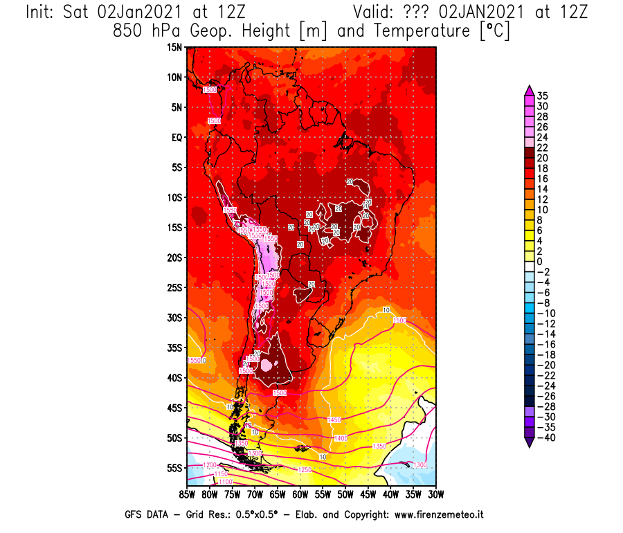 Mappa di analisi GFS - Geopotenziale [m] e Temperatura [°C] a 850 hPa in Sud-America
									del 02/01/2021 12 <!--googleoff: index-->UTC<!--googleon: index-->