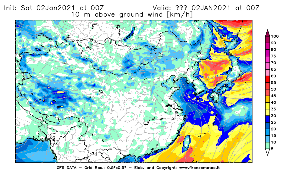 Mappa di analisi GFS - Velocità del vento a 10 metri dal suolo [km/h] in Asia Orientale
									del 02/01/2021 00 <!--googleoff: index-->UTC<!--googleon: index-->