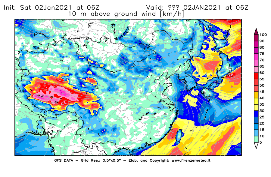 Mappa di analisi GFS - Velocità del vento a 10 metri dal suolo [km/h] in Asia Orientale
									del 02/01/2021 06 <!--googleoff: index-->UTC<!--googleon: index-->