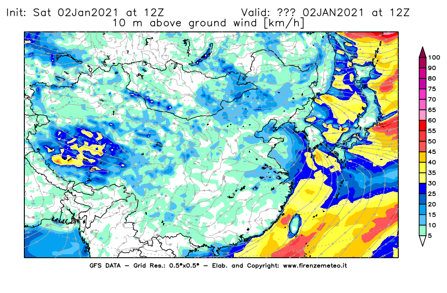 Mappa di analisi GFS - Velocità del vento a 10 metri dal suolo [km/h] in Asia Orientale
									del 02/01/2021 12 <!--googleoff: index-->UTC<!--googleon: index-->