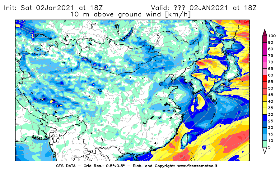 Mappa di analisi GFS - Velocità del vento a 10 metri dal suolo [km/h] in Asia Orientale
									del 02/01/2021 18 <!--googleoff: index-->UTC<!--googleon: index-->