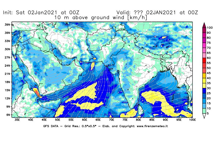 Mappa di analisi GFS - Velocità del vento a 10 metri dal suolo [km/h] in Asia Sud-Occidentale
									del 02/01/2021 00 <!--googleoff: index-->UTC<!--googleon: index-->