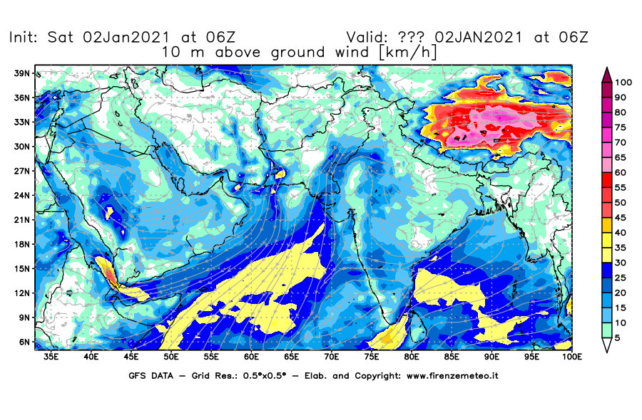 Mappa di analisi GFS - Velocità del vento a 10 metri dal suolo [km/h] in Asia Sud-Occidentale
									del 02/01/2021 06 <!--googleoff: index-->UTC<!--googleon: index-->