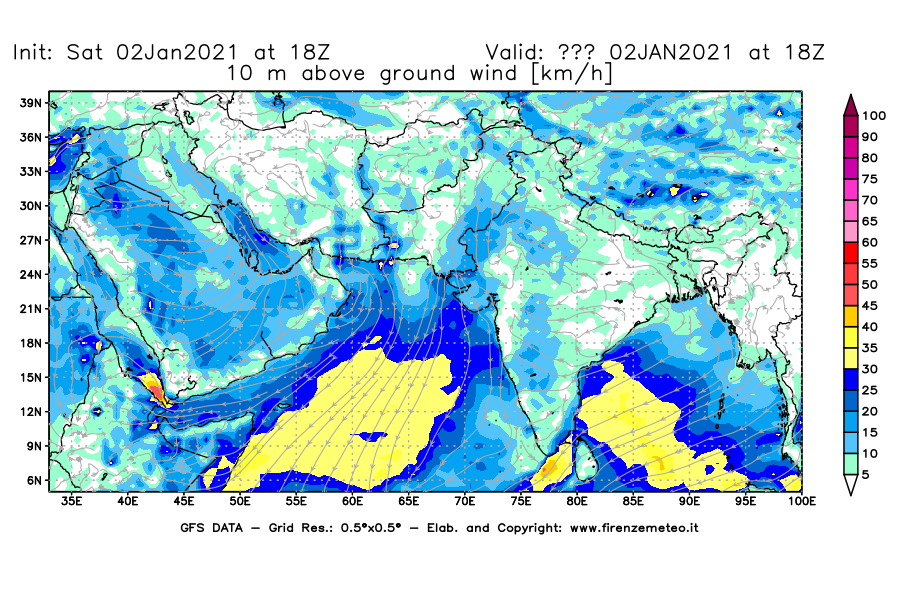 Mappa di analisi GFS - Velocità del vento a 10 metri dal suolo [km/h] in Asia Sud-Occidentale
									del 02/01/2021 18 <!--googleoff: index-->UTC<!--googleon: index-->