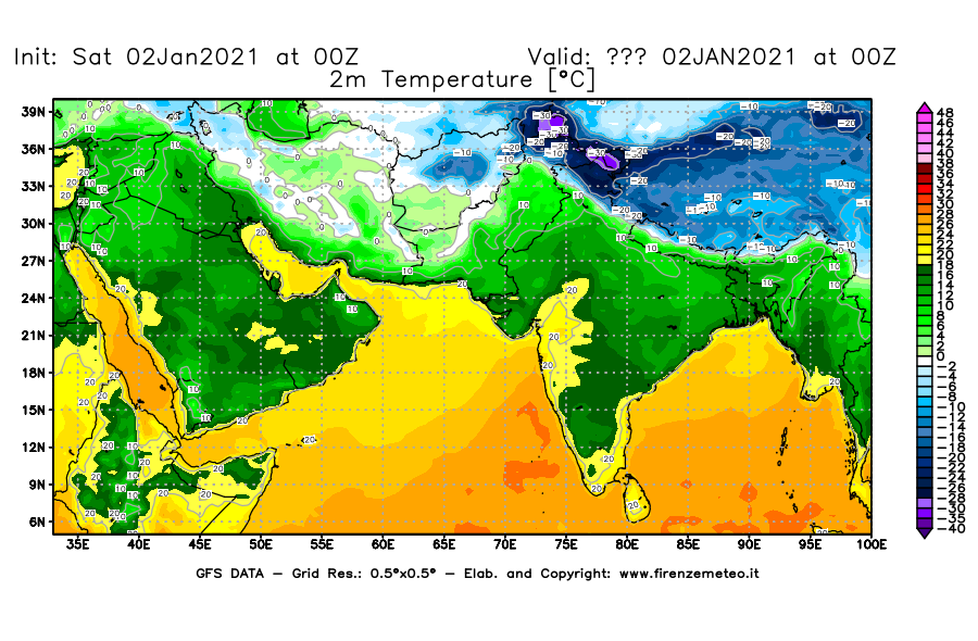 Mappa di analisi GFS - Temperatura a 2 metri dal suolo [°C] in Asia Sud-Occidentale
									del 02/01/2021 00 <!--googleoff: index-->UTC<!--googleon: index-->