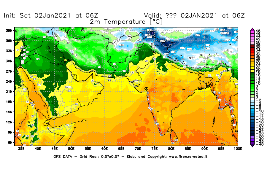 Mappa di analisi GFS - Temperatura a 2 metri dal suolo [°C] in Asia Sud-Occidentale
									del 02/01/2021 06 <!--googleoff: index-->UTC<!--googleon: index-->
