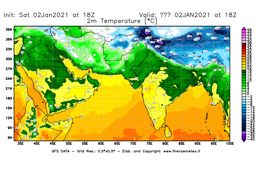 Mappa di analisi GFS - Temperatura a 2 metri dal suolo [°C] in Asia Sud-Occidentale
									del 02/01/2021 18 <!--googleoff: index-->UTC<!--googleon: index-->