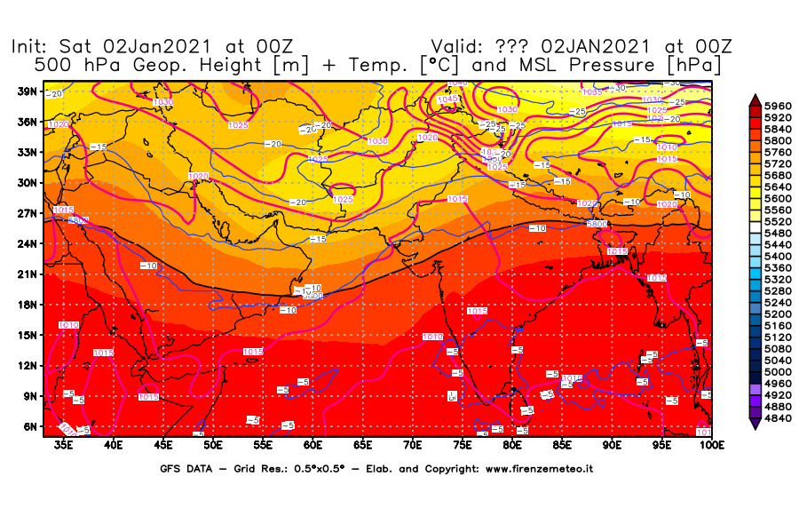 Mappa di analisi GFS - Geopotenziale [m] + Temp. [°C] a 500 hPa + Press. a livello del mare [hPa] in Asia Sud-Occidentale
									del 02/01/2021 00 <!--googleoff: index-->UTC<!--googleon: index-->