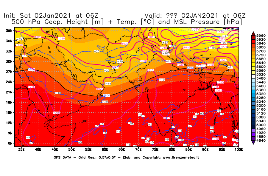 Mappa di analisi GFS - Geopotenziale [m] + Temp. [°C] a 500 hPa + Press. a livello del mare [hPa] in Asia Sud-Occidentale
									del 02/01/2021 06 <!--googleoff: index-->UTC<!--googleon: index-->
