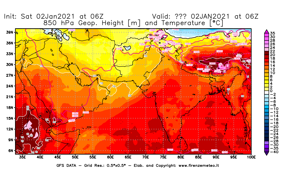 Mappa di analisi GFS - Geopotenziale [m] e Temperatura [°C] a 850 hPa in Asia Sud-Occidentale
									del 02/01/2021 06 <!--googleoff: index-->UTC<!--googleon: index-->