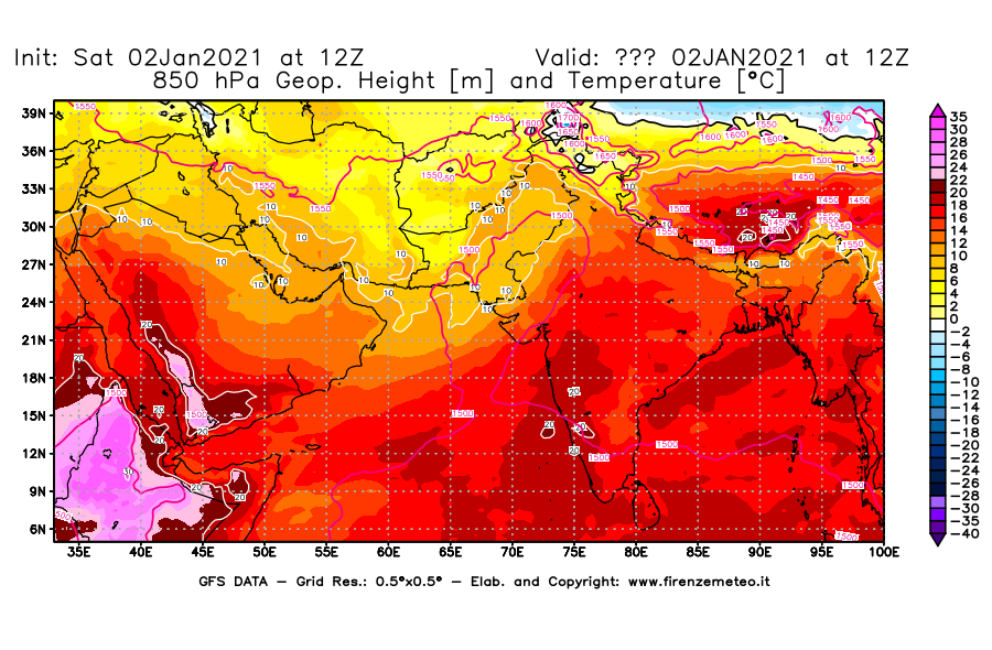 Mappa di analisi GFS - Geopotenziale [m] e Temperatura [°C] a 850 hPa in Asia Sud-Occidentale
									del 02/01/2021 12 <!--googleoff: index-->UTC<!--googleon: index-->