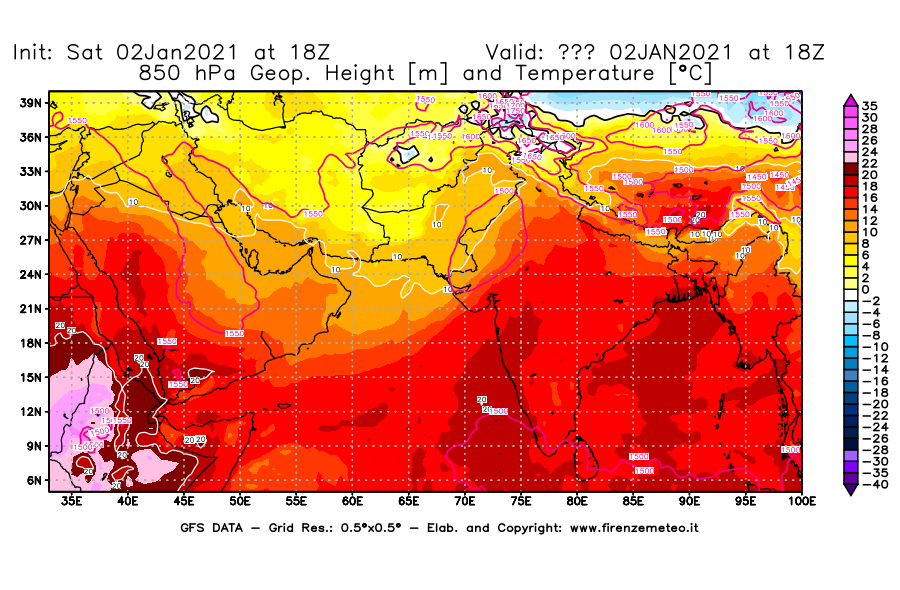 Mappa di analisi GFS - Geopotenziale [m] e Temperatura [°C] a 850 hPa in Asia Sud-Occidentale
									del 02/01/2021 18 <!--googleoff: index-->UTC<!--googleon: index-->