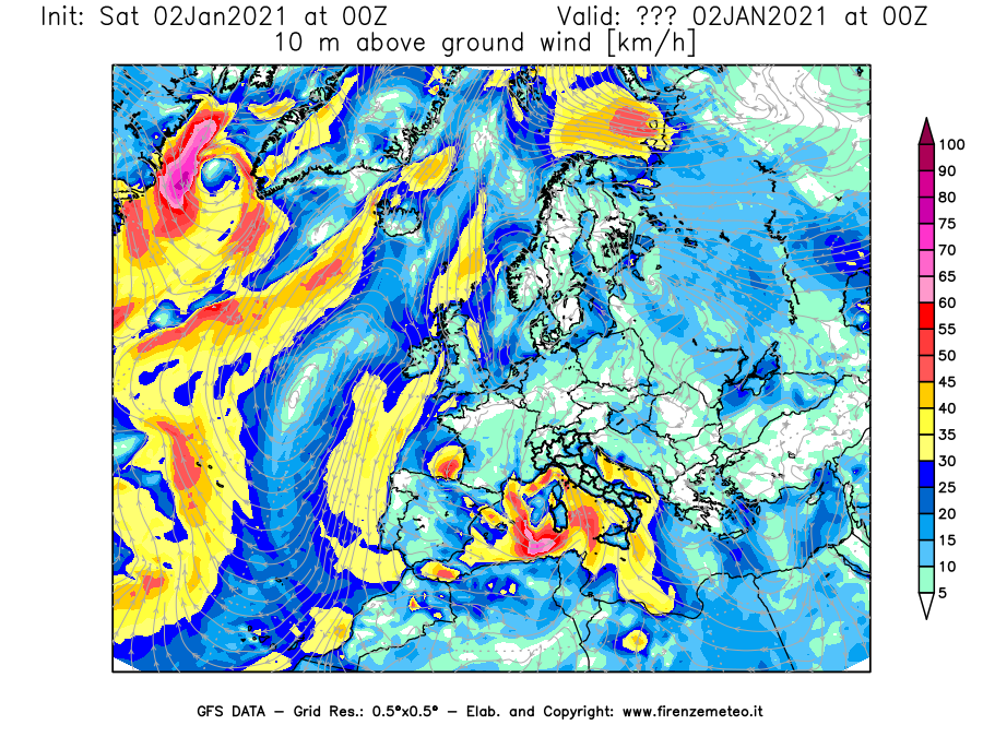 Mappa di analisi GFS - Velocità del vento a 10 metri dal suolo [km/h] in Europa
									del 02/01/2021 00 <!--googleoff: index-->UTC<!--googleon: index-->