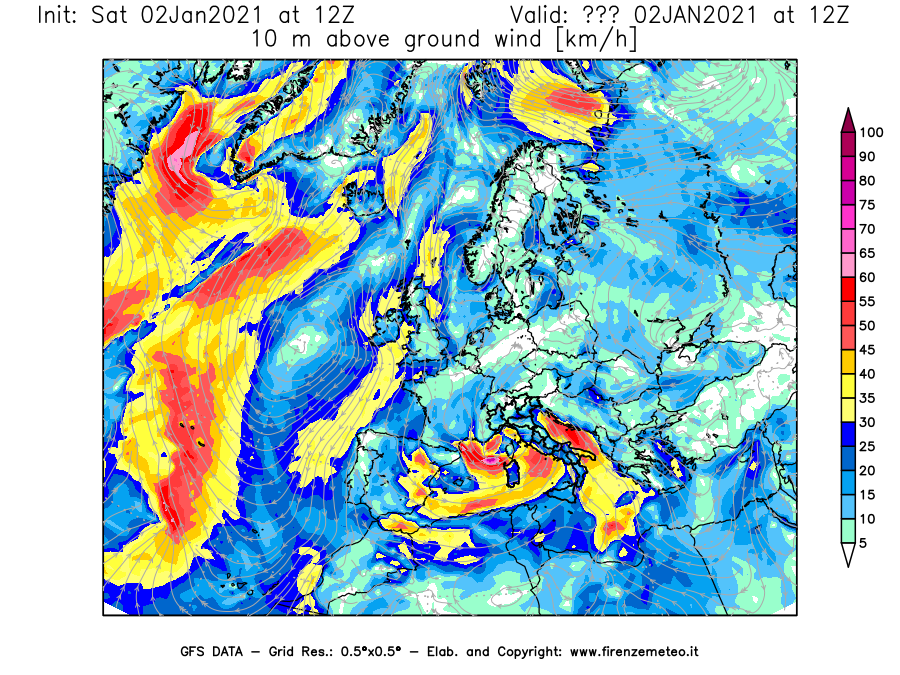 Mappa di analisi GFS - Velocità del vento a 10 metri dal suolo [km/h] in Europa
									del 02/01/2021 12 <!--googleoff: index-->UTC<!--googleon: index-->