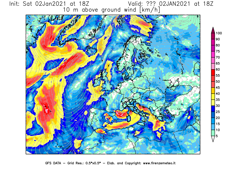Mappa di analisi GFS - Velocità del vento a 10 metri dal suolo [km/h] in Europa
									del 02/01/2021 18 <!--googleoff: index-->UTC<!--googleon: index-->