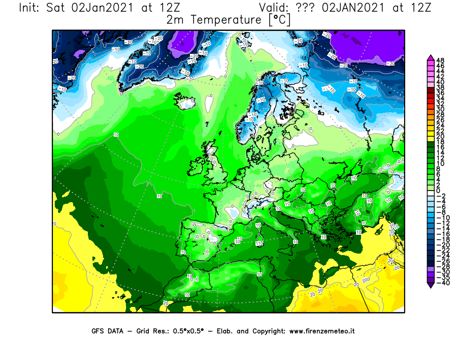 Mappa di analisi GFS - Temperatura a 2 metri dal suolo [°C] in Europa
									del 02/01/2021 12 <!--googleoff: index-->UTC<!--googleon: index-->