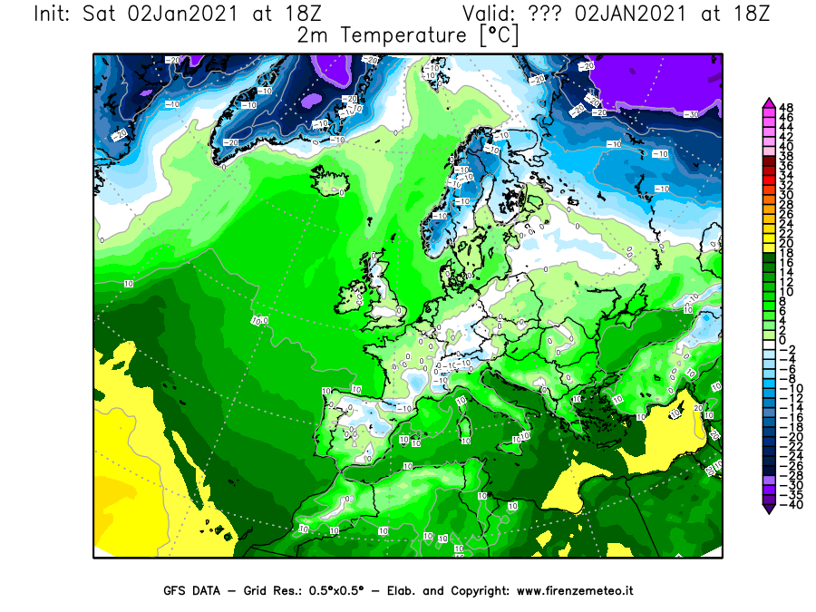 Mappa di analisi GFS - Temperatura a 2 metri dal suolo [°C] in Europa
									del 02/01/2021 18 <!--googleoff: index-->UTC<!--googleon: index-->