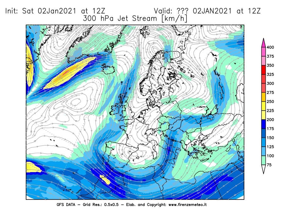Mappa di analisi GFS - Jet Stream a 300 hPa in Europa
									del 02/01/2021 12 <!--googleoff: index-->UTC<!--googleon: index-->