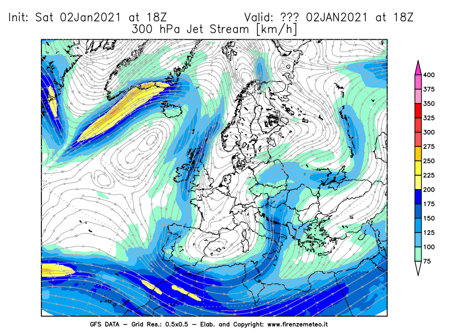 Mappa di analisi GFS - Jet Stream a 300 hPa in Europa
									del 02/01/2021 18 <!--googleoff: index-->UTC<!--googleon: index-->