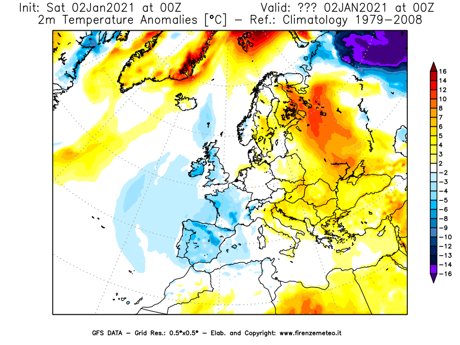 Mappa di analisi GFS - Anomalia Temperatura [°C] a 2 m in Europa
									del 02/01/2021 00 <!--googleoff: index-->UTC<!--googleon: index-->