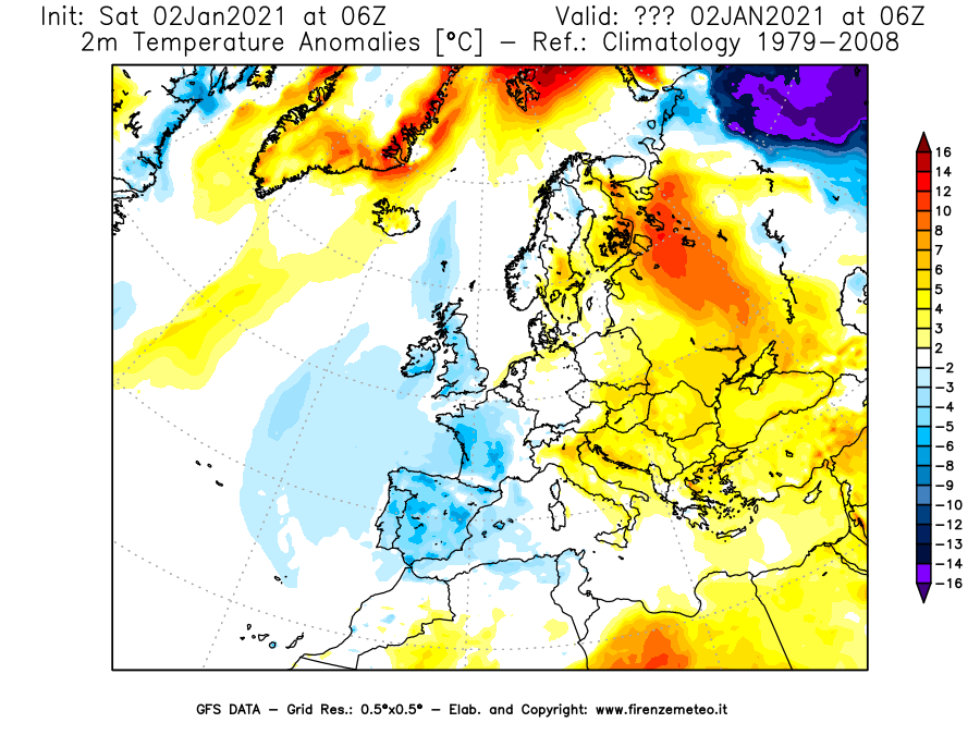 Mappa di analisi GFS - Anomalia Temperatura [°C] a 2 m in Europa
									del 02/01/2021 06 <!--googleoff: index-->UTC<!--googleon: index-->