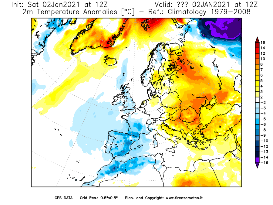 Mappa di analisi GFS - Anomalia Temperatura [°C] a 2 m in Europa
									del 02/01/2021 12 <!--googleoff: index-->UTC<!--googleon: index-->