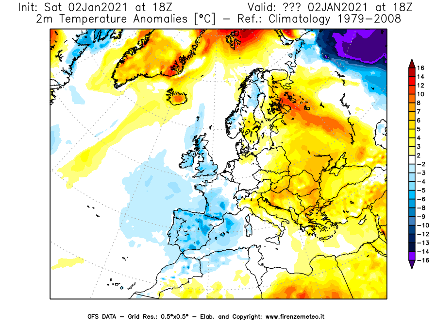 Mappa di analisi GFS - Anomalia Temperatura [°C] a 2 m in Europa
									del 02/01/2021 18 <!--googleoff: index-->UTC<!--googleon: index-->