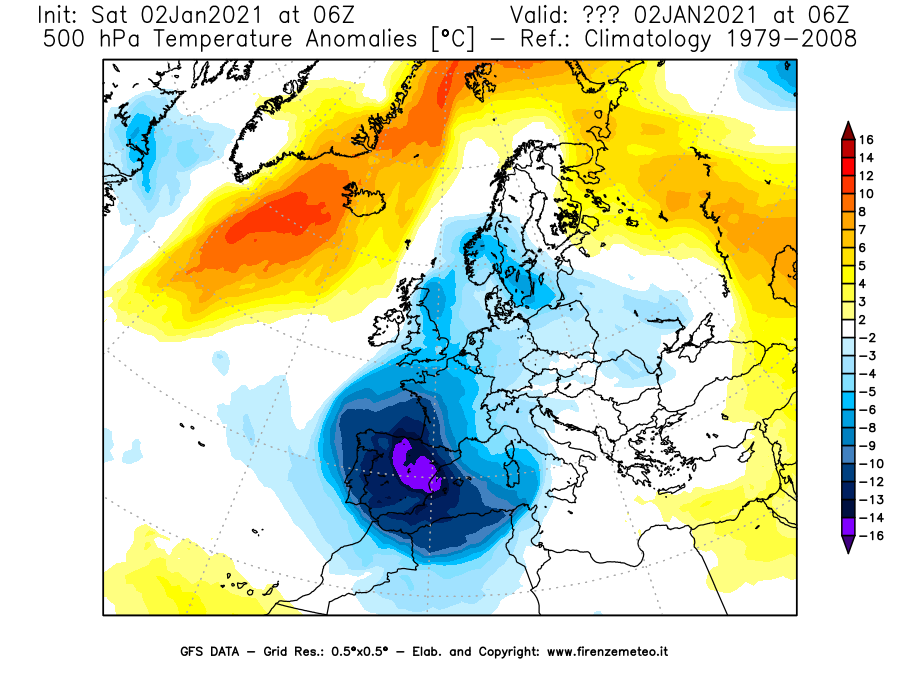 Mappa di analisi GFS - Anomalia Temperatura [°C] a 500 hPa in Europa
									del 02/01/2021 06 <!--googleoff: index-->UTC<!--googleon: index-->
