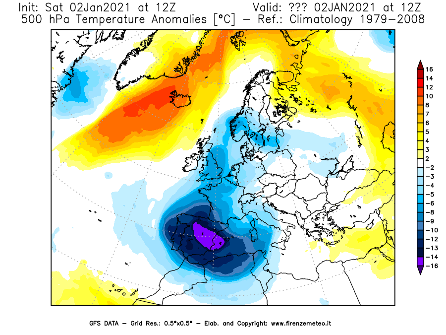 Mappa di analisi GFS - Anomalia Temperatura [°C] a 500 hPa in Europa
									del 02/01/2021 12 <!--googleoff: index-->UTC<!--googleon: index-->