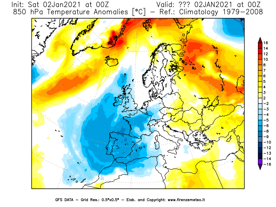 Mappa di analisi GFS - Anomalia Temperatura [°C] a 850 hPa in Europa
									del 02/01/2021 00 <!--googleoff: index-->UTC<!--googleon: index-->