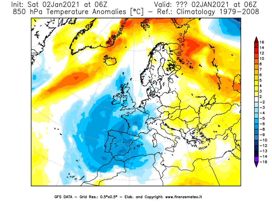 Mappa di analisi GFS - Anomalia Temperatura [°C] a 850 hPa in Europa
									del 02/01/2021 06 <!--googleoff: index-->UTC<!--googleon: index-->