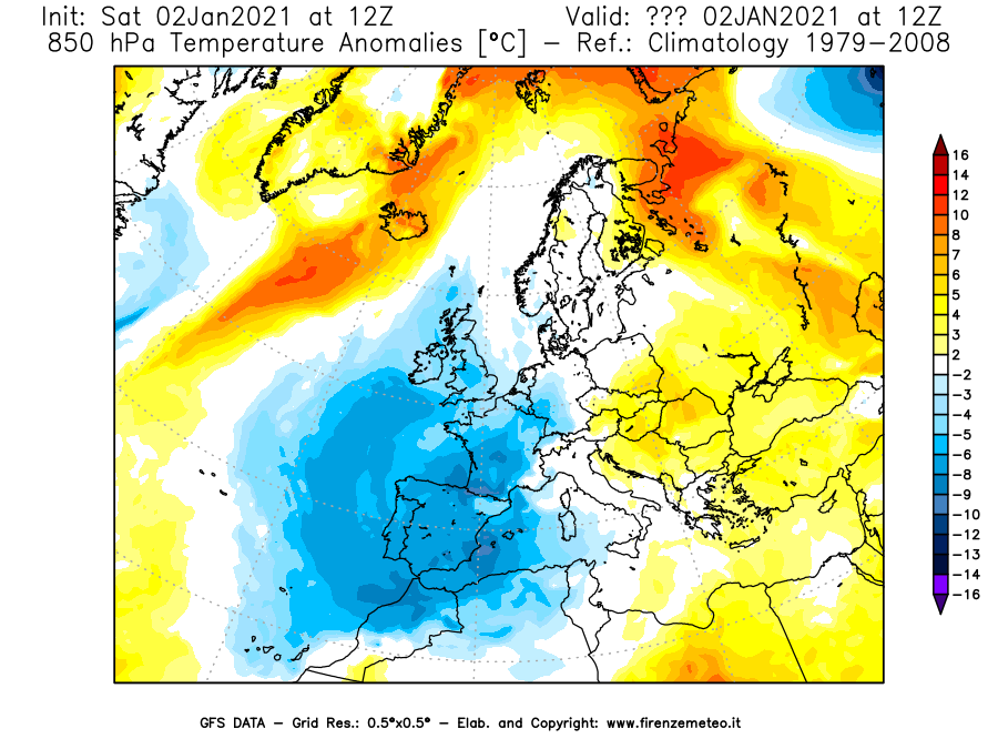 Mappa di analisi GFS - Anomalia Temperatura [°C] a 850 hPa in Europa
									del 02/01/2021 12 <!--googleoff: index-->UTC<!--googleon: index-->