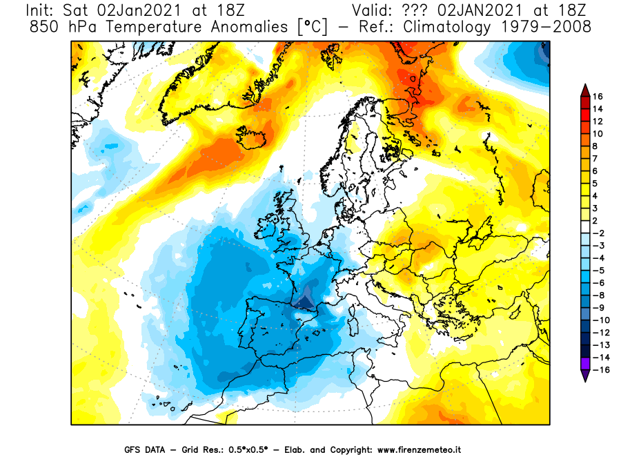 Mappa di analisi GFS - Anomalia Temperatura [°C] a 850 hPa in Europa
									del 02/01/2021 18 <!--googleoff: index-->UTC<!--googleon: index-->