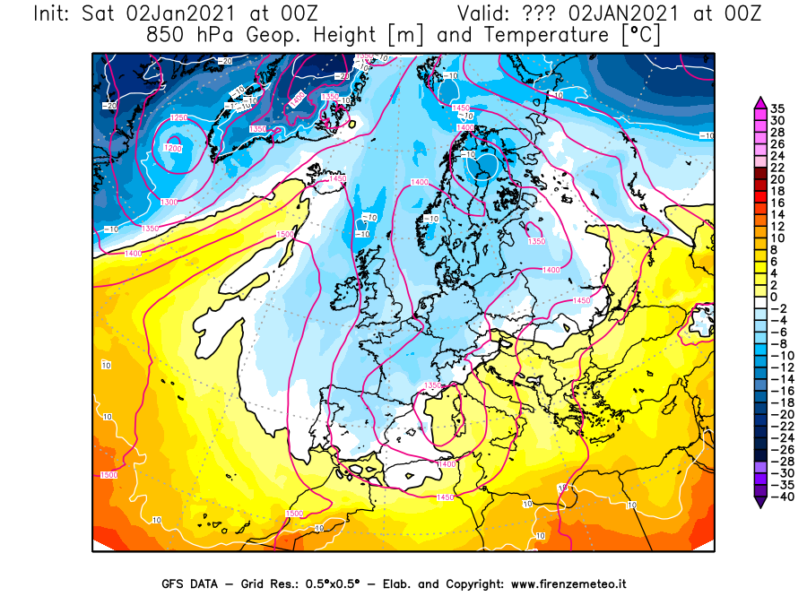 Mappa di analisi GFS - Geopotenziale [m] e Temperatura [°C] a 850 hPa in Europa
									del 02/01/2021 00 <!--googleoff: index-->UTC<!--googleon: index-->