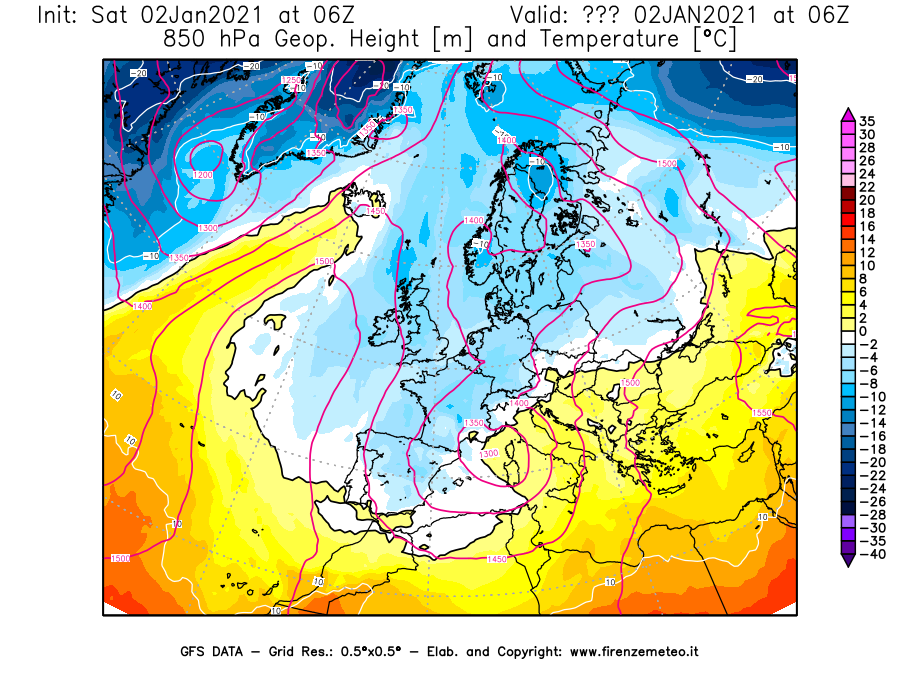 Mappa di analisi GFS - Geopotenziale [m] e Temperatura [°C] a 850 hPa in Europa
									del 02/01/2021 06 <!--googleoff: index-->UTC<!--googleon: index-->