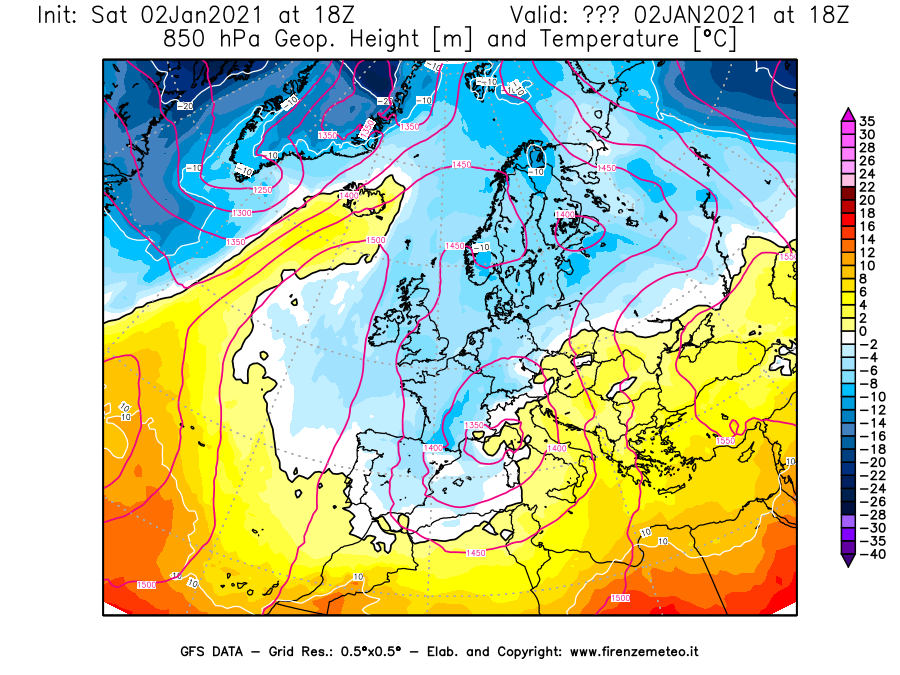 Mappa di analisi GFS - Geopotenziale [m] e Temperatura [°C] a 850 hPa in Europa
									del 02/01/2021 18 <!--googleoff: index-->UTC<!--googleon: index-->