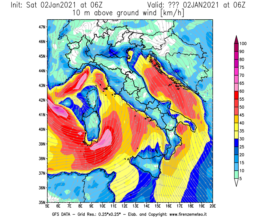 Mappa di analisi GFS - Velocità del vento a 10 metri dal suolo [km/h] in Italia
									del 02/01/2021 06 <!--googleoff: index-->UTC<!--googleon: index-->