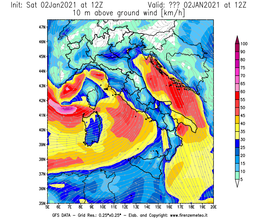 Mappa di analisi GFS - Velocità del vento a 10 metri dal suolo [km/h] in Italia
									del 02/01/2021 12 <!--googleoff: index-->UTC<!--googleon: index-->