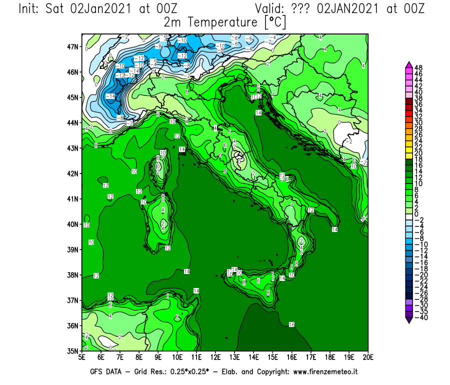 Mappa di analisi GFS - Temperatura a 2 metri dal suolo [°C] in Italia
									del 02/01/2021 00 <!--googleoff: index-->UTC<!--googleon: index-->