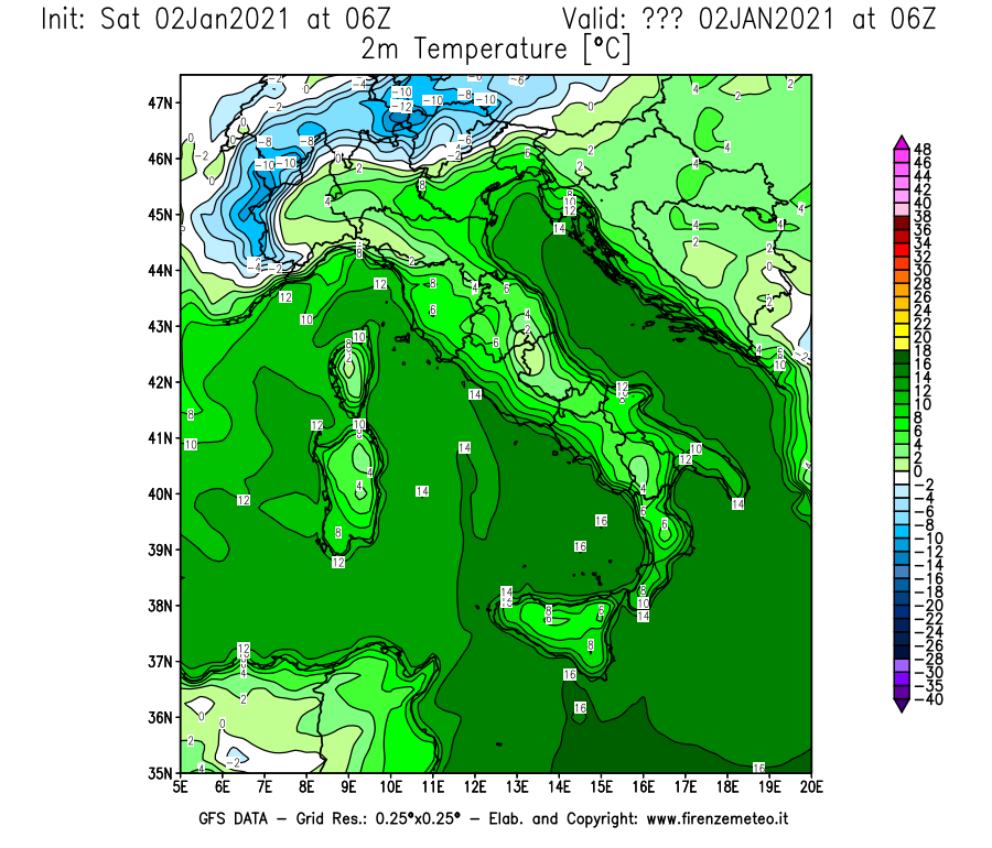 Mappa di analisi GFS - Temperatura a 2 metri dal suolo [°C] in Italia
									del 02/01/2021 06 <!--googleoff: index-->UTC<!--googleon: index-->
