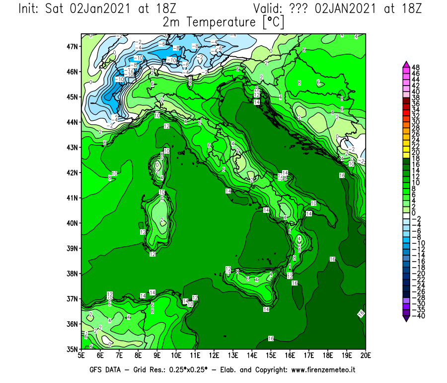 Mappa di analisi GFS - Temperatura a 2 metri dal suolo [°C] in Italia
									del 02/01/2021 18 <!--googleoff: index-->UTC<!--googleon: index-->
