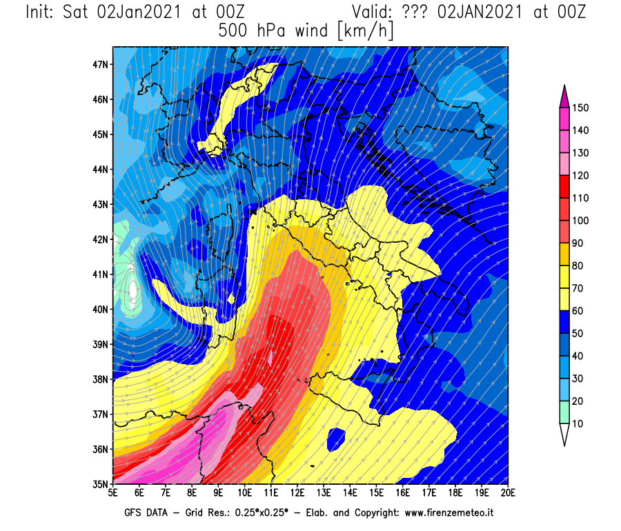 Mappa di analisi GFS - Velocità del vento a 500 hPa [km/h] in Italia
									del 02/01/2021 00 <!--googleoff: index-->UTC<!--googleon: index-->