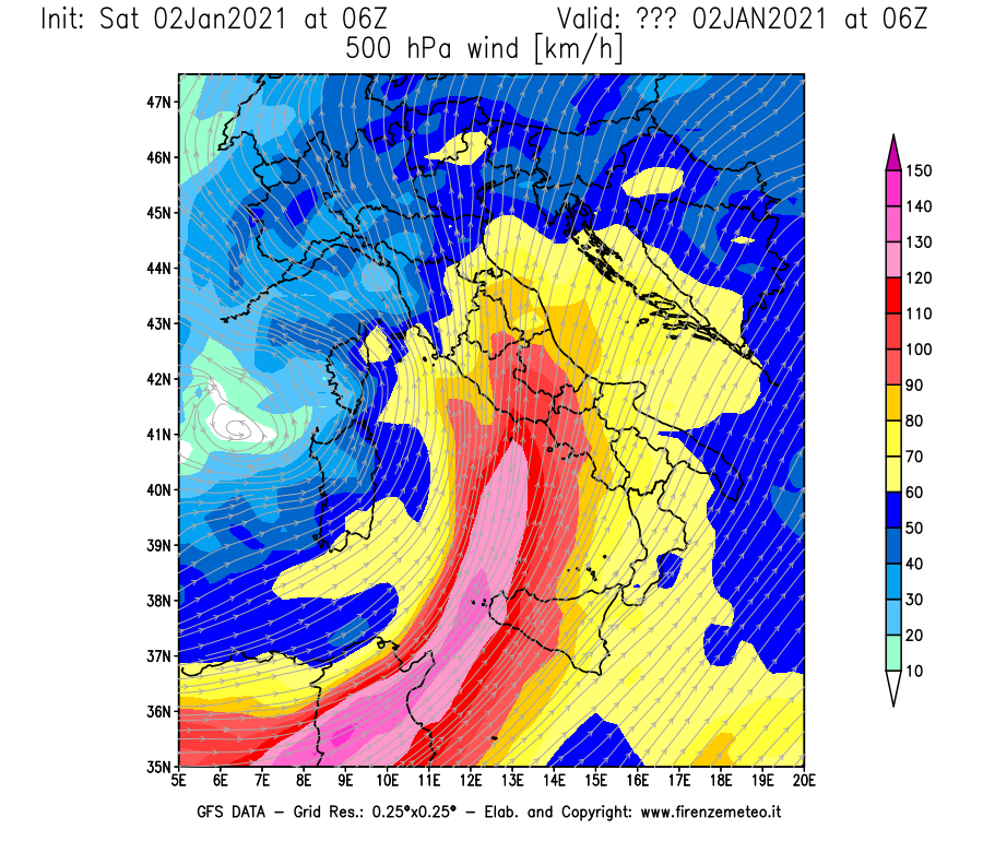 Mappa di analisi GFS - Velocità del vento a 500 hPa [km/h] in Italia
									del 02/01/2021 06 <!--googleoff: index-->UTC<!--googleon: index-->