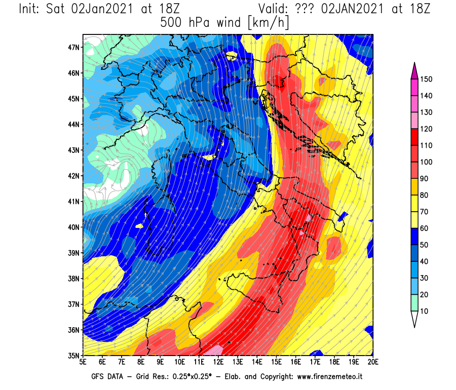 Mappa di analisi GFS - Velocità del vento a 500 hPa [km/h] in Italia
									del 02/01/2021 18 <!--googleoff: index-->UTC<!--googleon: index-->