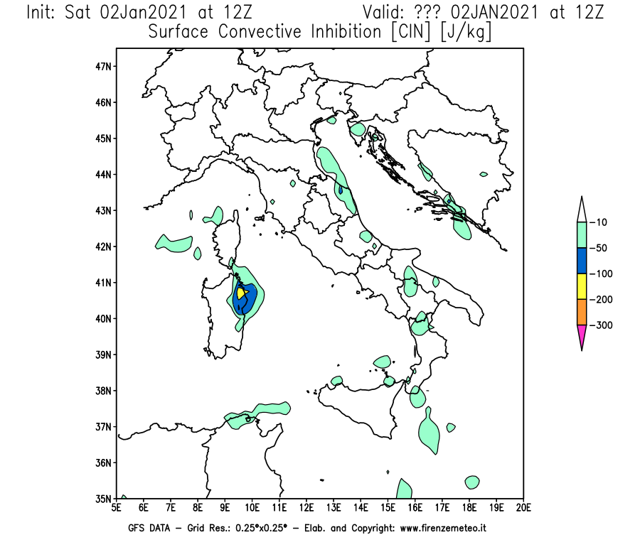 Mappa di analisi GFS - CIN [J/kg] in Italia
									del 02/01/2021 12 <!--googleoff: index-->UTC<!--googleon: index-->
