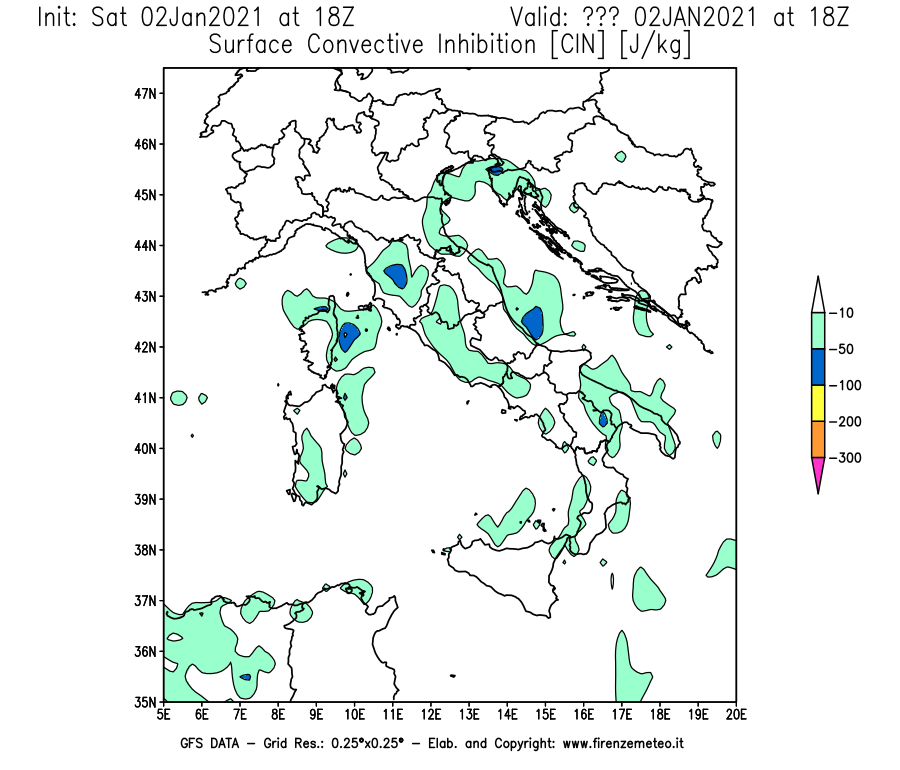 Mappa di analisi GFS - CIN [J/kg] in Italia
									del 02/01/2021 18 <!--googleoff: index-->UTC<!--googleon: index-->