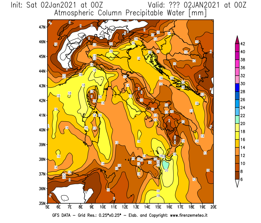Mappa di analisi GFS - Precipitable Water [mm] in Italia
									del 02/01/2021 00 <!--googleoff: index-->UTC<!--googleon: index-->