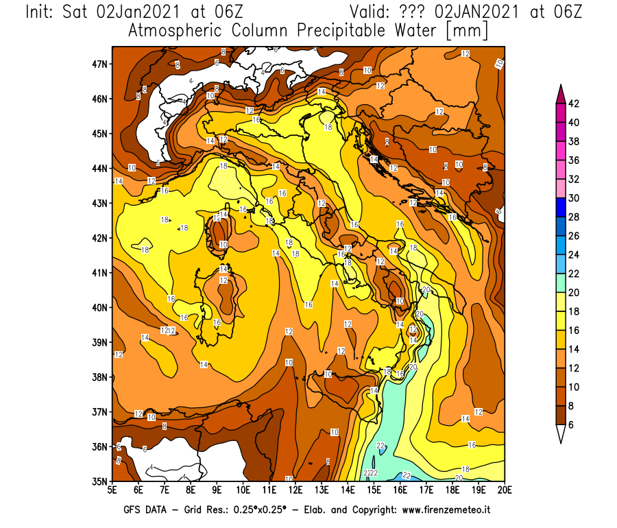 Mappa di analisi GFS - Precipitable Water [mm] in Italia
									del 02/01/2021 06 <!--googleoff: index-->UTC<!--googleon: index-->