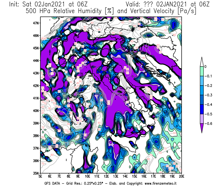 Mappa di analisi GFS - Umidità relativa [%] e Omega [Pa/s] a 500 hPa in Italia
									del 02/01/2021 06 <!--googleoff: index-->UTC<!--googleon: index-->