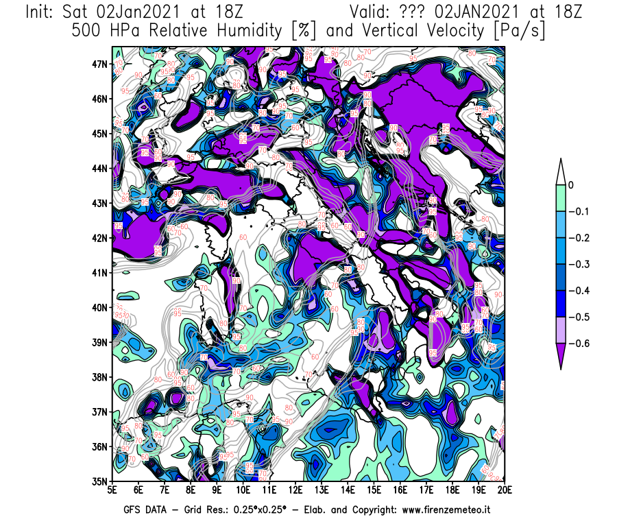 Mappa di analisi GFS - Umidità relativa [%] e Omega [Pa/s] a 500 hPa in Italia
									del 02/01/2021 18 <!--googleoff: index-->UTC<!--googleon: index-->